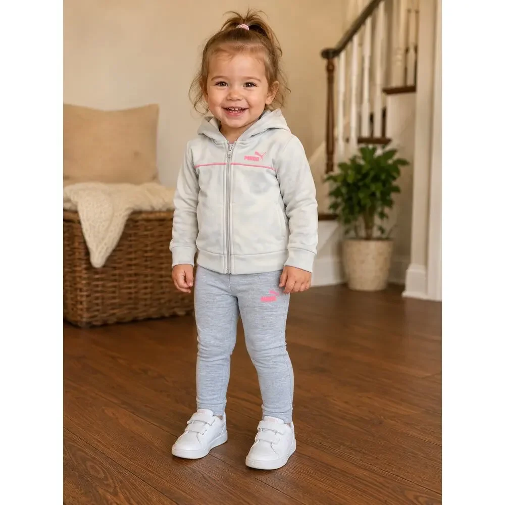 Puma Toddler Girls 2Pc Tracksuit Set Gray Pink Hoodie Leggings Activewear 2T - Picture 5 of 5